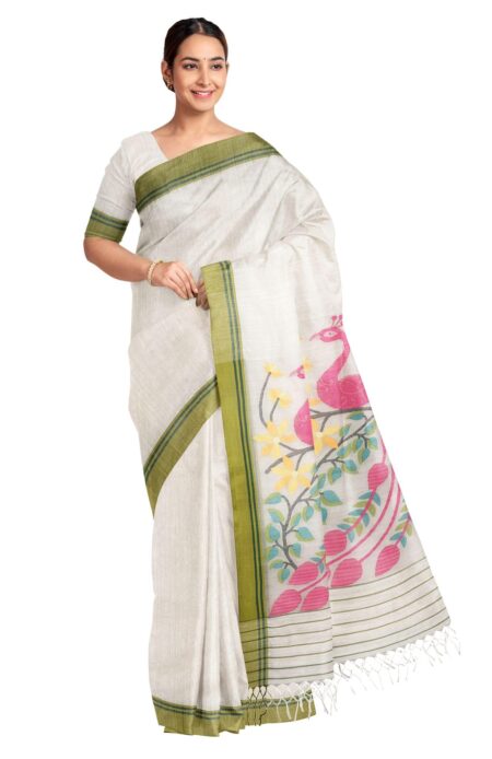 Handwoven Matka Silk Jamdani Saree with Green border