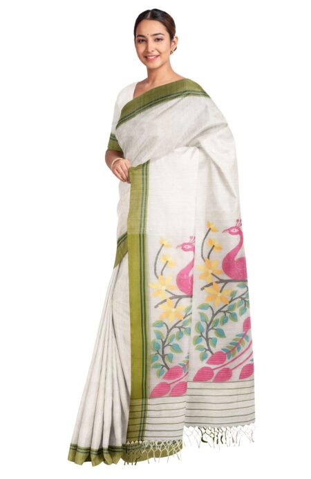 Handwoven Matka Silk Jamdani Saree with Green border - Image 2