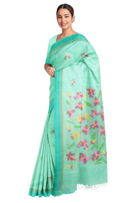 Handwoven Matka Silk Jamdani Saree in Green Colour - Image 2