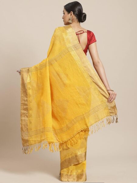 Handwoven Linen Nettle Jacquard Saree with Zari work - Yellow - Image 2