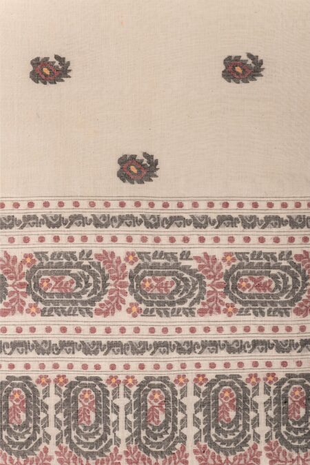 Single Shuttle Handspun Jamdani Saree Offwhite - Image 2