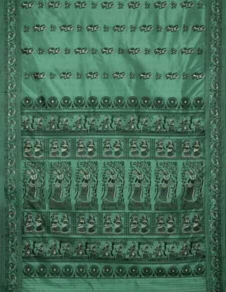 Baluchari Mina Silk Saree - Teal Green - Image 4