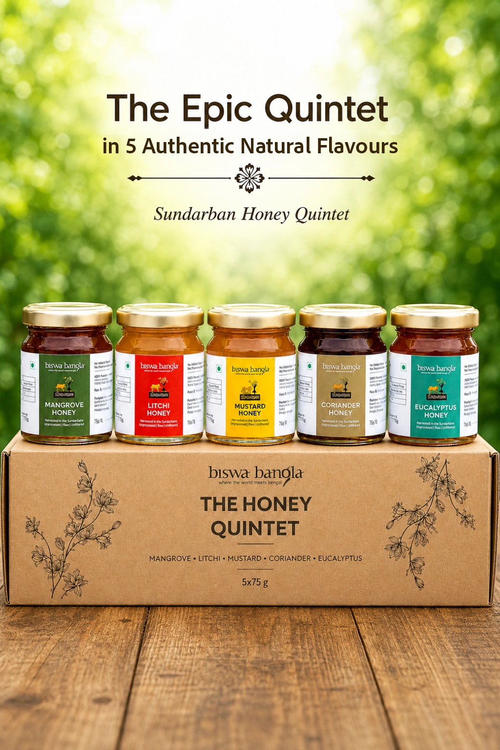 Honey Quintet (from 5 distinct authentic natural sources - Mangrove, Litchi, Mustard, Coriander, Eucalyptus) - set of 5 packs of 75g each