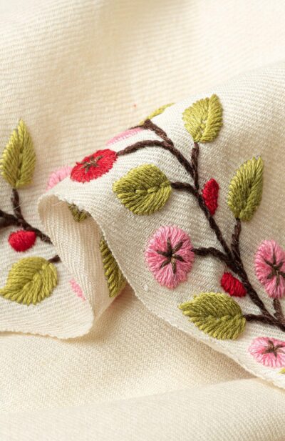 Handwoven Embroidered Woolen Off-White Shawl