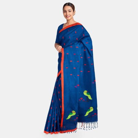 Handwoven Tangail Silk Saree-Blue - Image 2