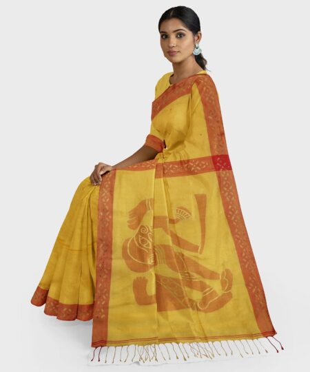 Handwoven Yellow silk jamdani saree - Image 3