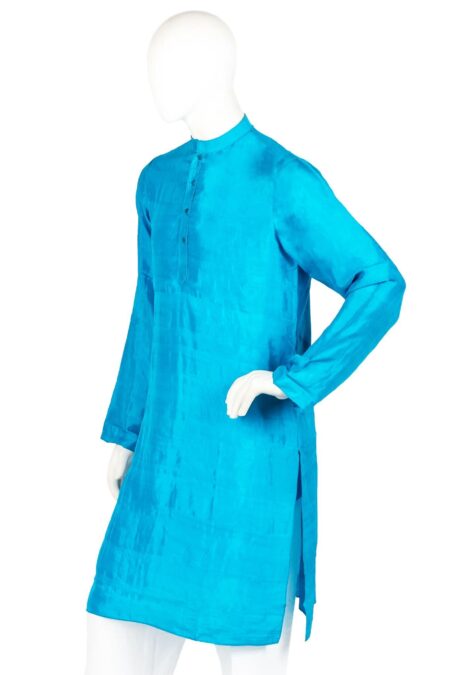 Handwoven Garod Silk Kurta in Turquoise Blue (Slim Fit) - Image 2