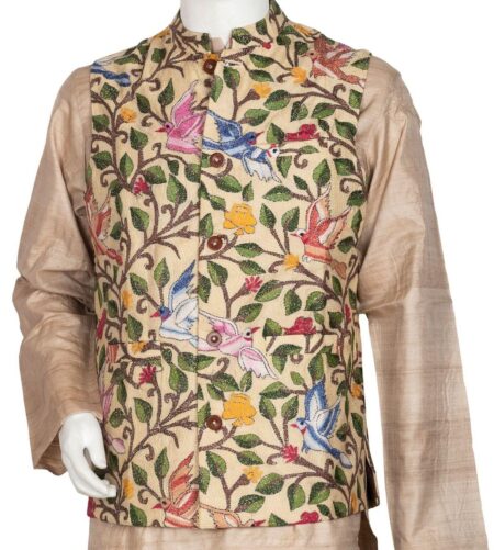 Handloom Jacket with Kantha Embroidery on Tussar Silk