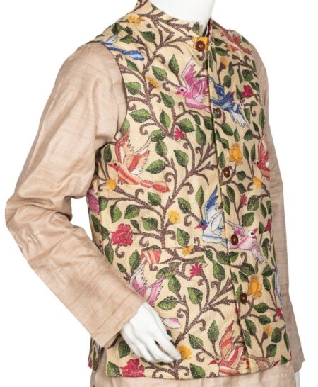Handloom Jacket with Kantha Embroidery on Tussar Silk - Image 2