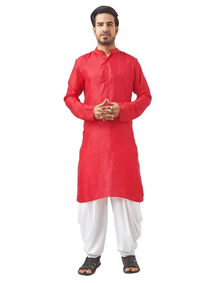 Handwoven Garod Silk Kurta in Red (Slim Fit)