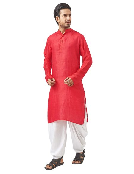 Handwoven Garod Silk Kurta in Red (Slim Fit) - Image 2