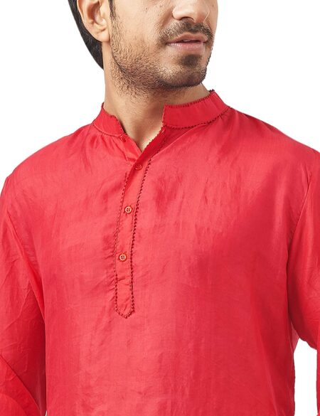 Handwoven Garod Silk Kurta in Red (Slim Fit) - Image 5