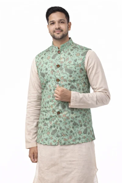 Printed Cotton Silk Handloom Jacket - Green