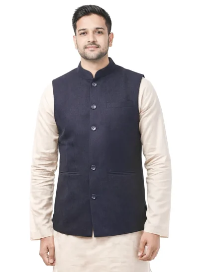 Handwoven Navy blue Twill Cotton-wool Nehru Jacket