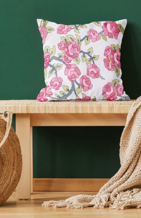 Jamdani-style Floral Hand-Prints on Canvas - Cushion Cover