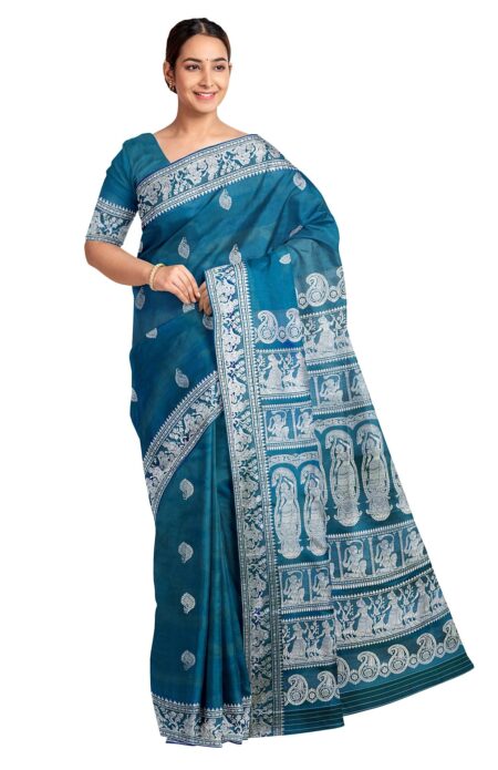 Baluchari Silk Saree - Turquoise - Image 3