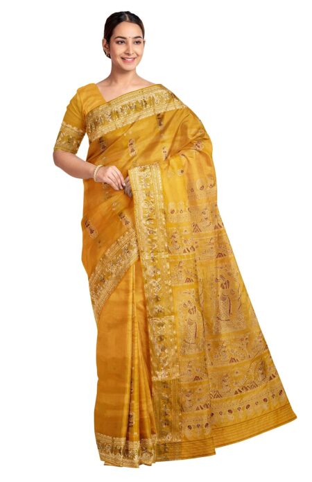 Baluchari Silk Saree - Mustard - Image 2