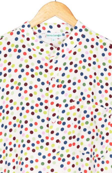 Handwoven Men Linen Kurta in White with Printed Dots - Image 3