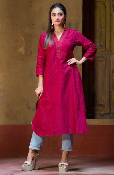 Maroon Embroidered Cotton-Silk Kameez