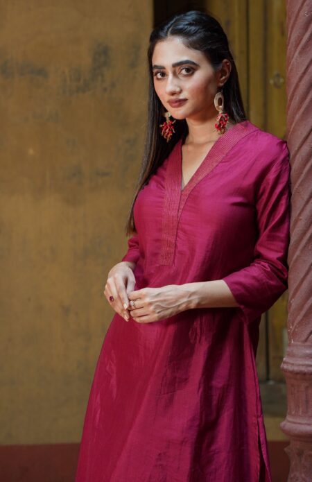 Maroon Embroidered Cotton-Silk Kameez - Image 2