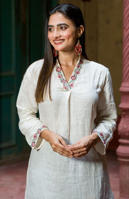 Off-White Embroidered Linen Kameez