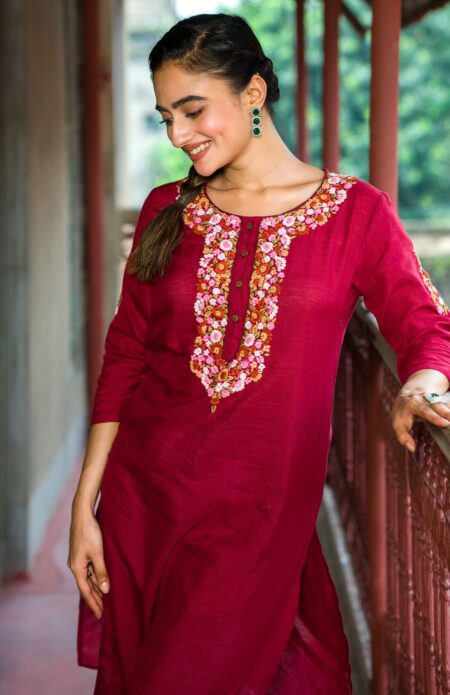 Maroon Hand Embroidered Cotton Kameez - Image 2