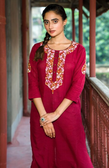 Maroon Hand Embroidered Cotton Kameez