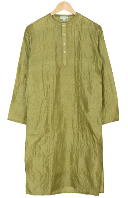 Handwoven Men Tussar Silk Kurta in Green with Embroidery
