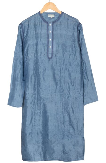 Handwoven Men Tussar Silk Kurta in Blue with Embroidery