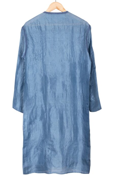 Handwoven Men Tussar Silk Kurta in Blue with Embroidery - Image 2