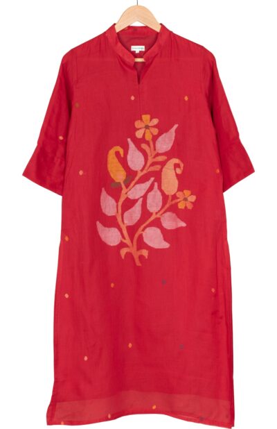 Handwoven Red Cotton Jamdani Kameez for Women