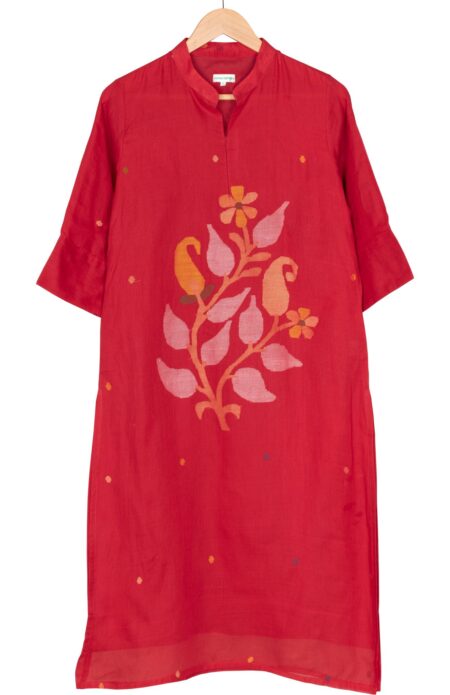 Handwoven Red Cotton Jamdani Kameez for Women