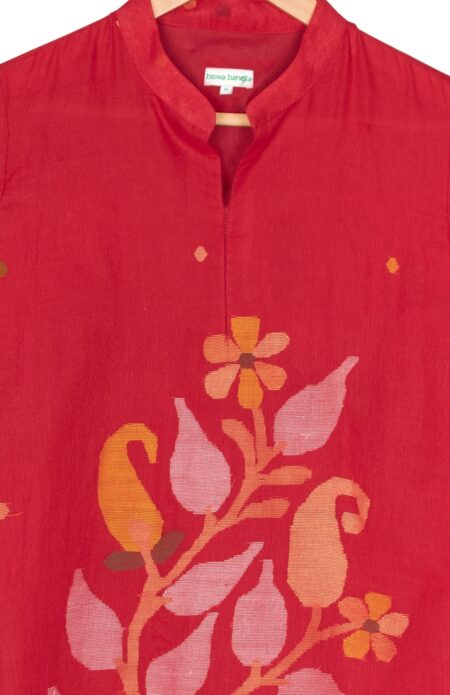 Handwoven Red Cotton Jamdani Kameez for Women - Image 2