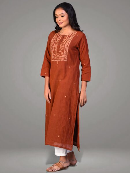 Brown Jamdani Cotton Kameez - Image 2