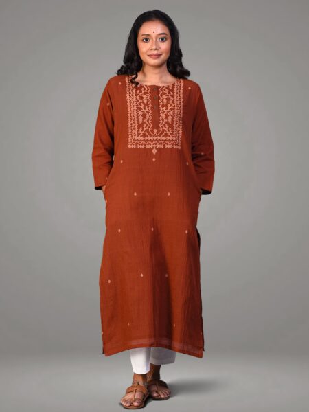 Brown Jamdani Cotton Kameez - Image 5
