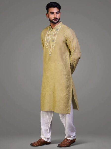 Olive Green Jamdani Cotton Kurta - Image 5