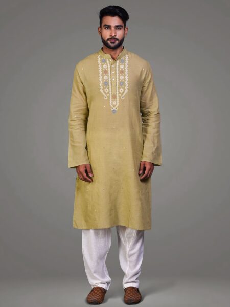 Olive Green Jamdani Cotton Kurta - Image 3