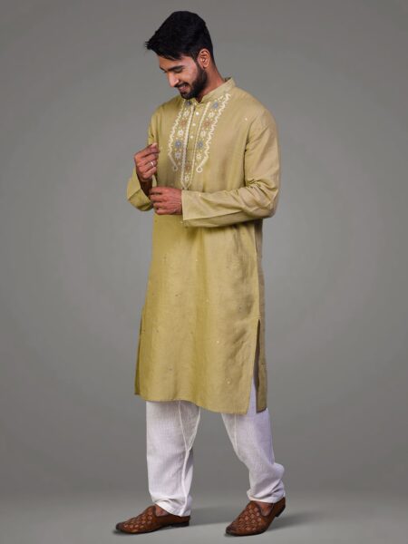 Olive Green Jamdani Cotton Kurta - Image 2