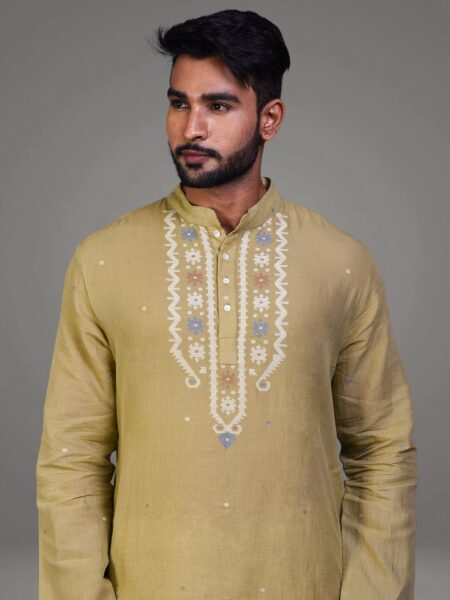 Olive Green Jamdani Cotton Kurta - Image 4