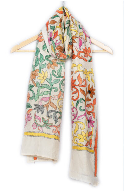 Handwoven Silk Stole with Floral motif Kantha Stitch