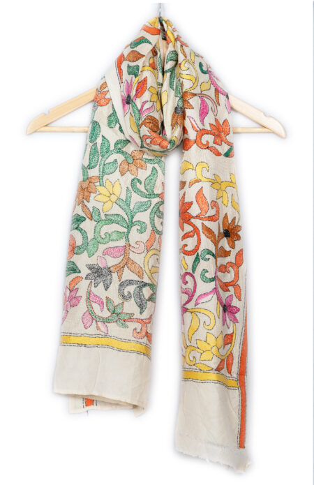 Handwoven Silk Stole with Floral motif Kantha Stitch