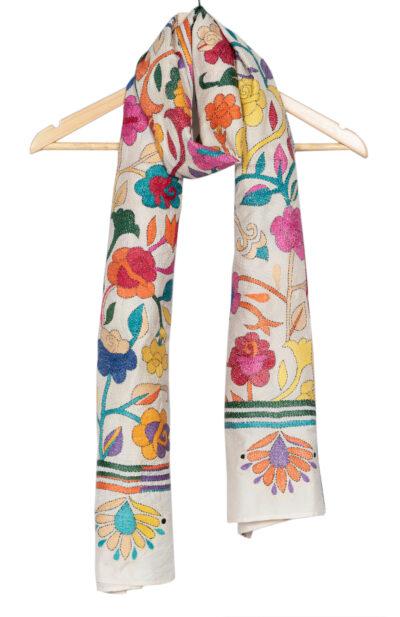 Handwoven Silk Stole with Floral motif Kantha Stitch