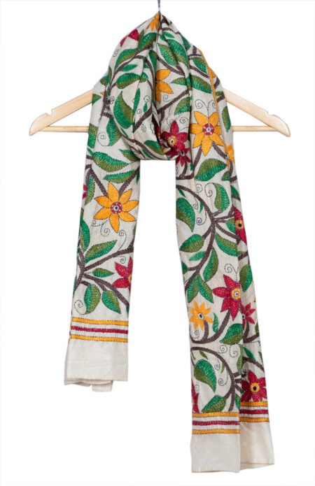 Handwoven Silk Stole with Floral motif Kantha Stitch