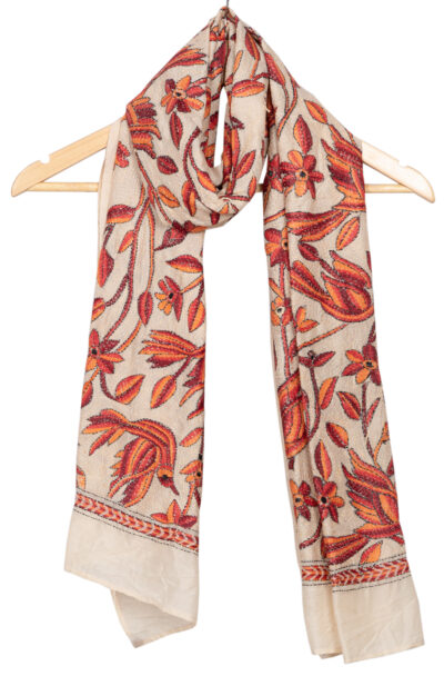 Handwoven Silk Stole with Floral motif Kantha Stitch
