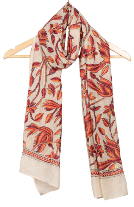 Handwoven Silk Stole with Floral motif Kantha Stitch