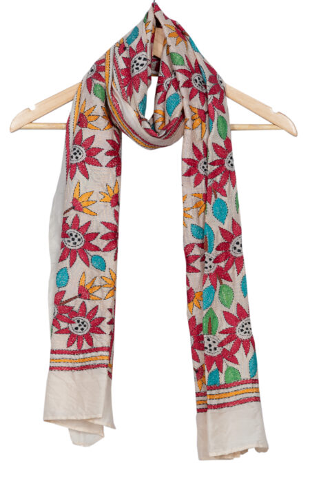 Handwoven Silk Stole with Floral motif Kantha Stitch