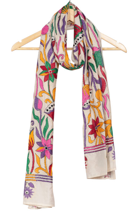 Handwoven Silk Stole with Floral motif Kantha Stitch