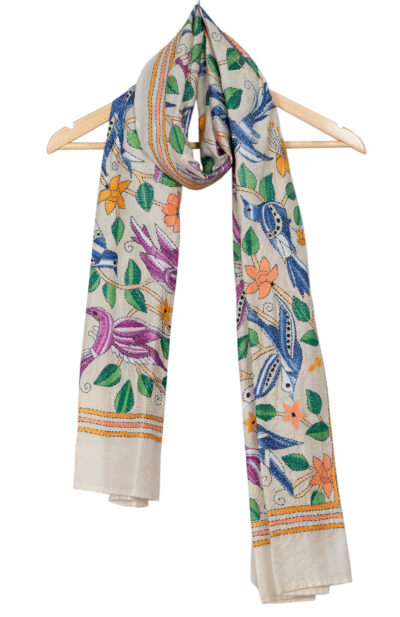 Handwoven Silk Stole with Floral motif Kantha Stitch