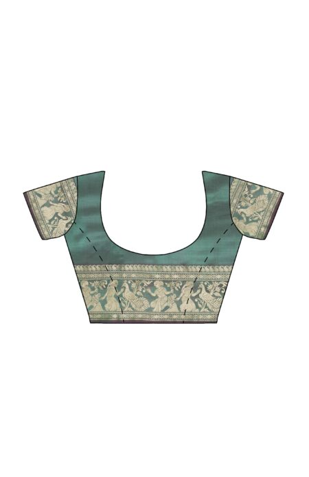 Baluchari Silk Saree - Sea Green - Image 4
