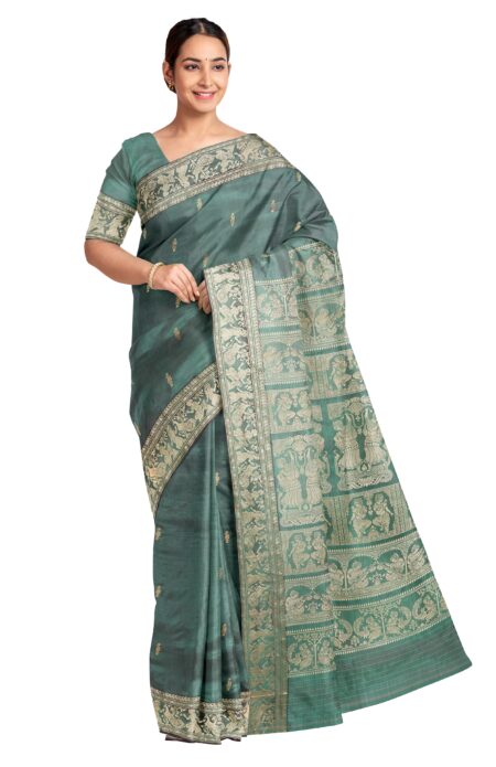 Baluchari Silk Saree - Sea Green - Image 3